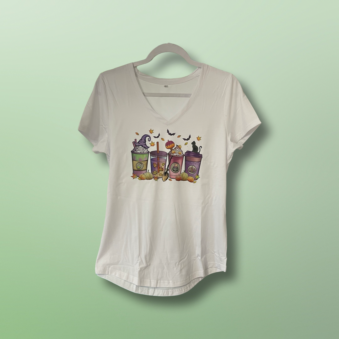 Ladies V Neck Halloween Pumpkin Drink