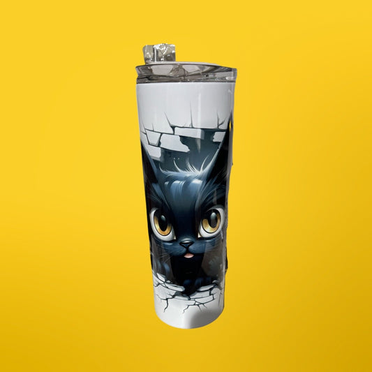 Black Kitty Breaking Bricks Skinny Tumbler