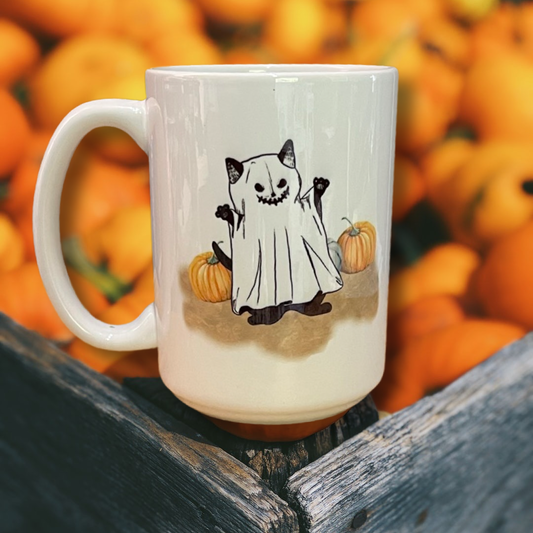 15 oz Mug Ghost Cat in the Pumpkin Patch