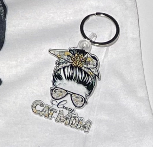 Messy Bun Crazy Cat Mom Keychain