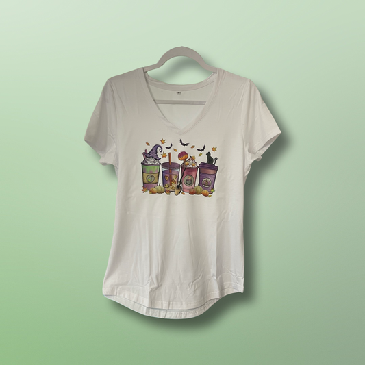 Ladies V Neck Halloween Pumpkin Drink